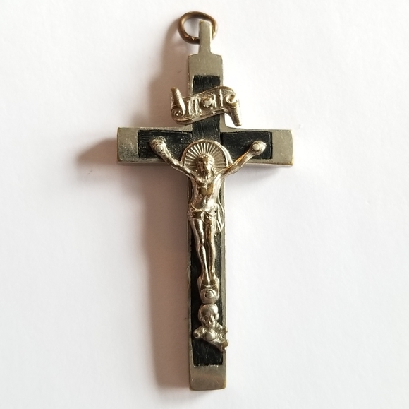 Vintage Jewelry - Relisted - Vintage Skull of Adam Pectoral Cross Pendant black silver tone